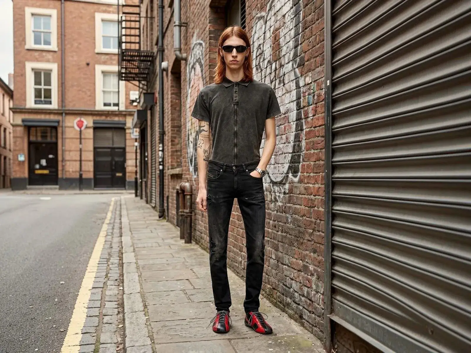 Styled in a city back-street against brick and graffiti