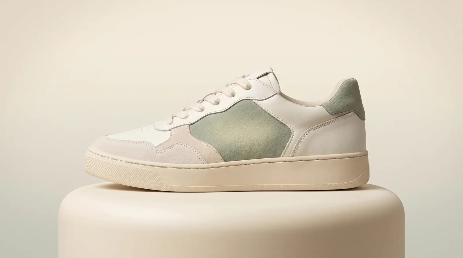 A side view of the sneaker on a plinth, framed to call out its panels