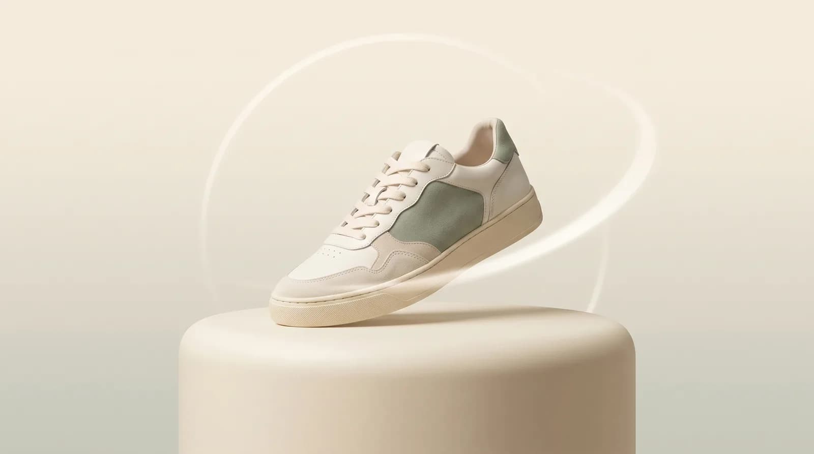 The sneaker tilted above a plinth with a soft light ring around it