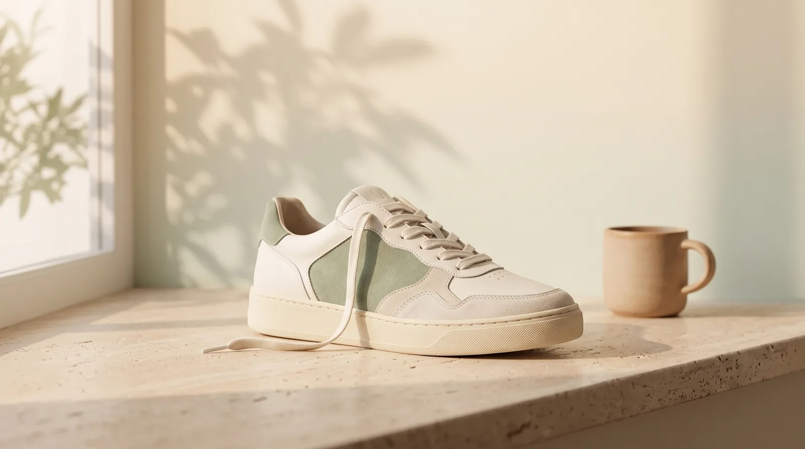 The sneaker on a stone windowsill with a mug and plant shadows