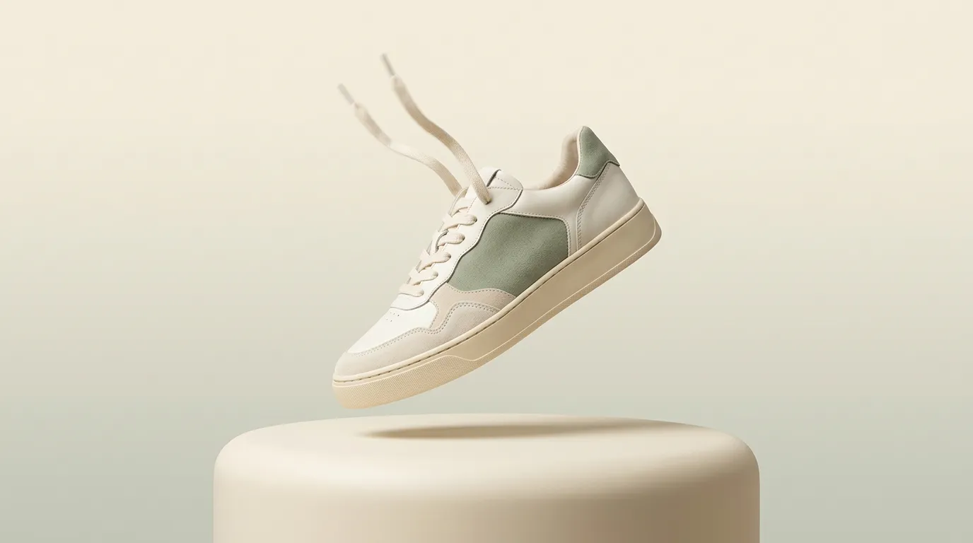 The sneaker floating above a plinth with its laces lifted, from a described shot